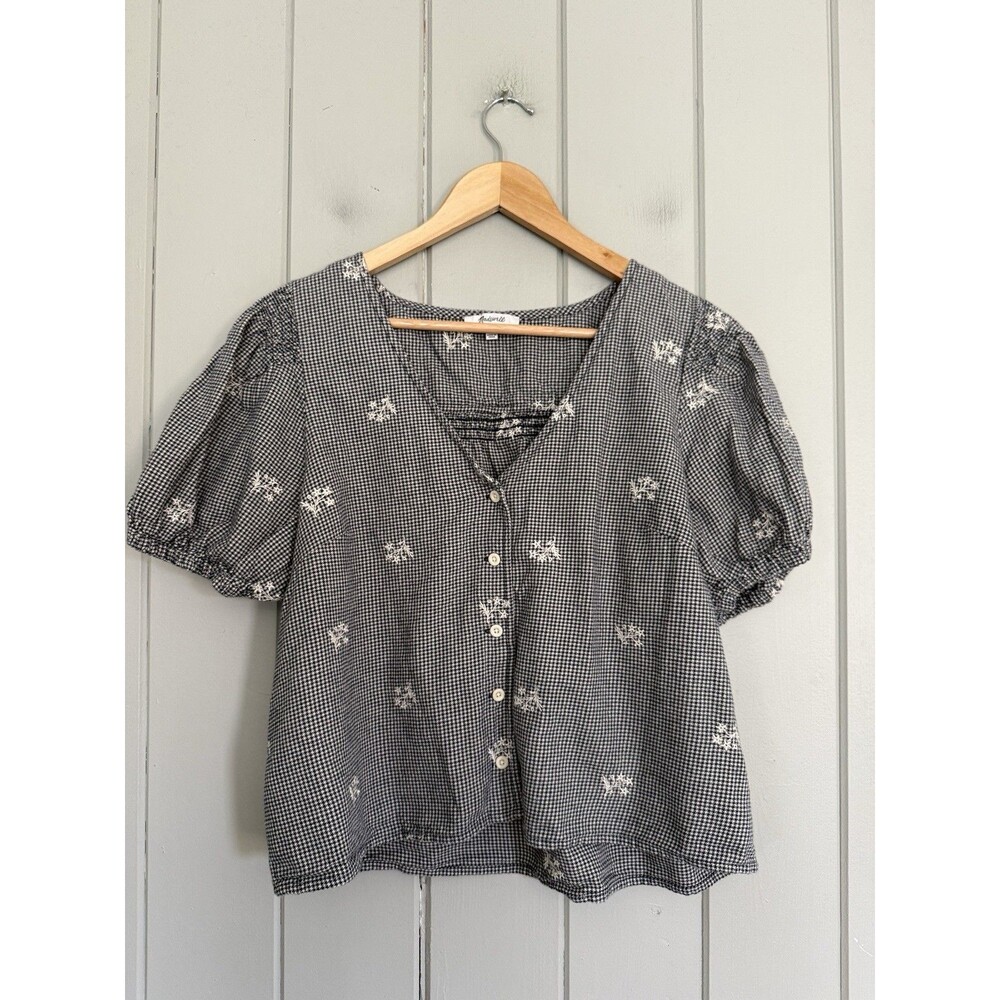 Madewell Embroidered Gingham V-Neck Top L Large Short Puff Sleeves NG879